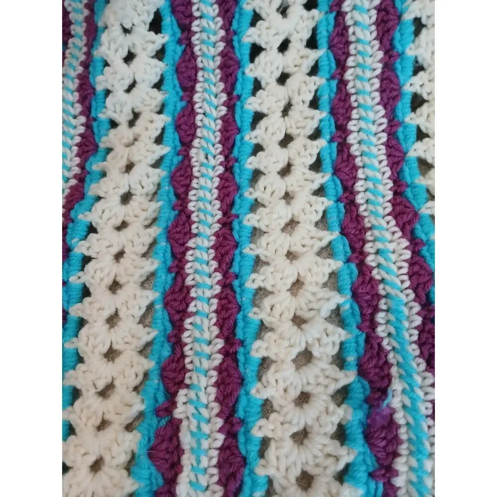 VNT Crochet Blanket Throw Afghan 68.x37 Blue White Stripes Scallop Hippie Granny
